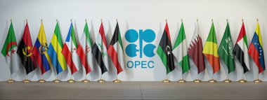 OPEC. Sembol ve Opec ülkelerinin bayrakları. 3D çizim