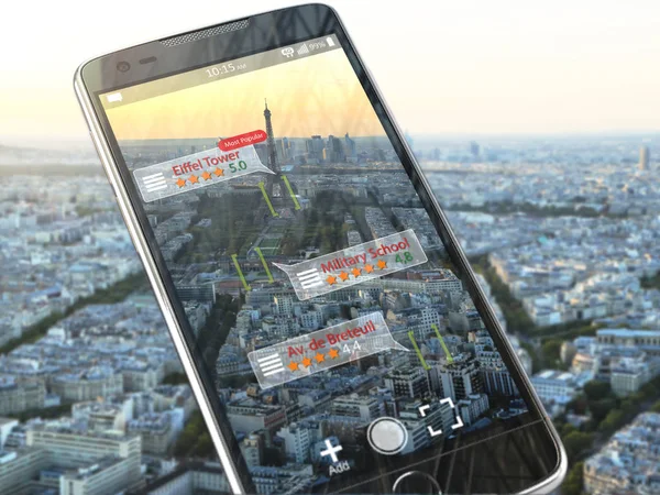 Augmented Reality Reiseanwendungskonzept Mobiltelefone Überprüfen Relevante Informationen Über Sehenswürdigkeiten Paris — Stockfoto