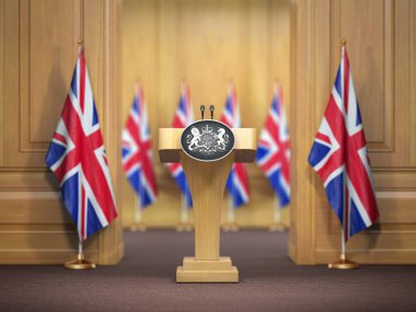 Brifing Başbakan veya Kraliçe İngiltere'de Büyük Britanya. Podyum konuşmacı kürsü ile İngiltere ve Birleşik Krallık arması bayrakları. Politika kavramı. 3D çizim