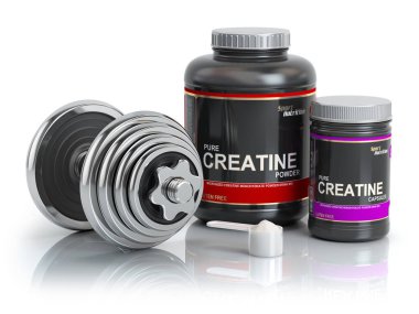 Kreatin toz kepçe ve dumbbell ile. Vücut geliştirmeci nutrition(supplement) kavramı. 3D çizim.