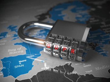 Gdpr Ua genel veri koruma yönetmeliği kavramı. Avrupa Haritası Gdpr kodu içeren asma kilit. 3D çizim