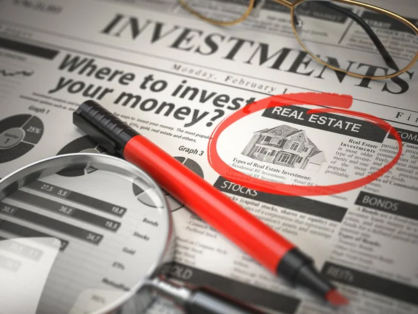 Real Estate is a best option to invest. Where to Invest concept, Investmets newspaper with loupe and marker. 3d illustration