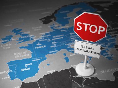 Stop illegal immigration concept. Sign stop on the map of Europe. 3d illustration clipart