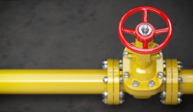 Gaz boru hattı valf bir duvar. Metin için yer. Gaz basıncı kontrolü. 3D çizim