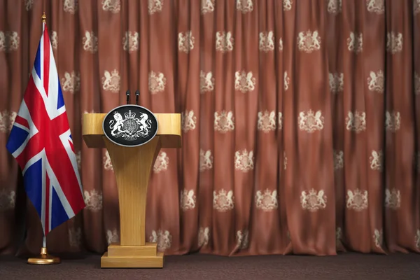 Podium Högtalare Tribune Med Flaggor Storbritannien Och Vapensköld Briefing Eller — Stockfoto