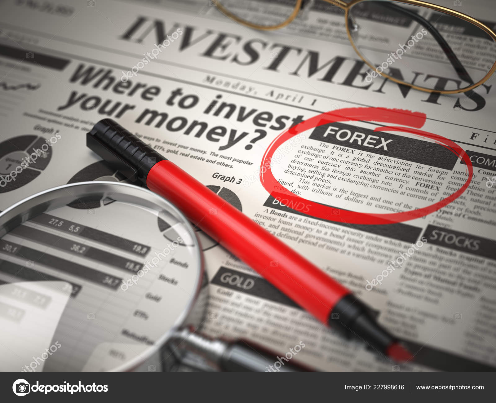 Forex Best Option Invest Invest Concept Investmets Newspaper Loupe - 