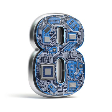 Sayı 8 sekiz, alfabe devre kartı tarzı. Dijital yüksek teknoloji mektup üzerinde beyaz izole. 3D çizim