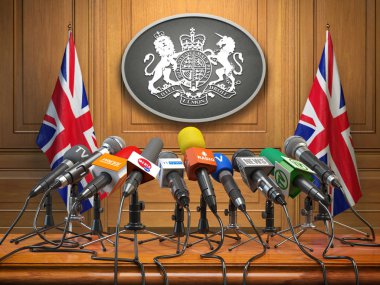 Brifing veya basın toplantısında Başbakan veya Kraliçe İngiltere'de Büyük Britanya. Mikrofonlar ile İngiltere ve Birleşik Krallık arması bayrakları. 3D çizim