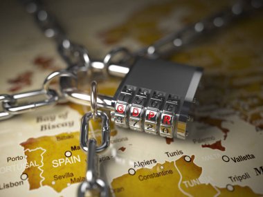 Gdpr Ua genel veri koruma yönetmeliği kavramı. Avrupa Haritası Gdpr kodu içeren asma kilit. 3D çizim