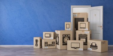 Ev mutfak aletleri ve ev elektroniği karton kutular ve açık kapı. E-ticaret, internet online alışveriş ve teslimat kavramı. 3D çizim