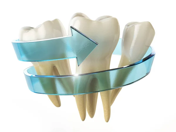 Έννοιας Προστασίας Των Δοντιών Δόντια Μπλε Βέλος Που Απομονώνονται Λευκό — Φωτογραφία Αρχείου