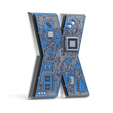 Mektup X. alfabe devre kartı tarzı. Dijital yüksek teknoloji mektup üzerinde beyaz izole. 3D çizim