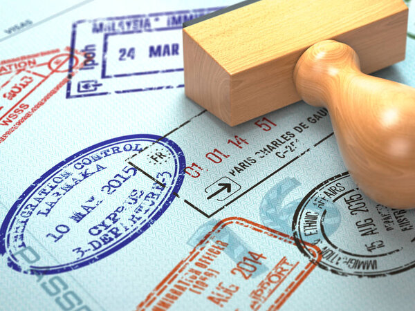 Паспорт с визовыми штампами. Путешествия или туризм концепции фона. 3d иллюстрация
