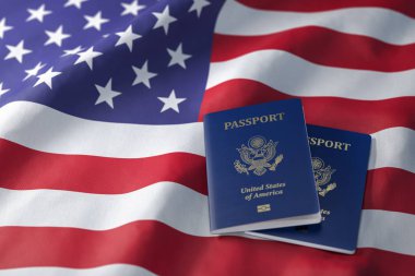 USA passport on the flag of the US United Stetes. Getting a USA passport,  naturalization and immigration concept. 3d illustration clipart