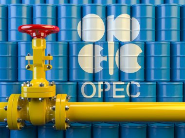 Oil pipe line valve in front of the barrels with OPEC siymbol. 3d illustration clipart