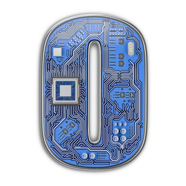 0 sıfır, alfabe devre kartı stilinde numara. Dijital yüksek teknoloji mektup üzerinde beyaz izole. 3D çizim