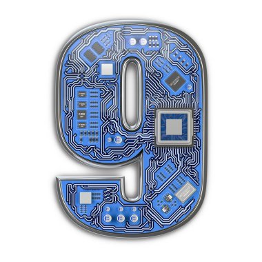9 numara dokuz alfabe devre kartı tarzı. Dijital yüksek teknoloji mektup üzerinde beyaz izole. 3D çizim