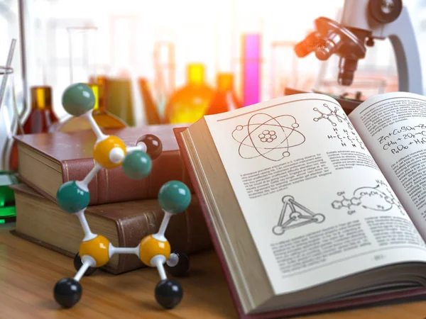 Chemistry Laboratory Equipment Microscope Flasks Vials Model Molecule Book Chemistry — Stock Photo, Image