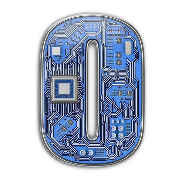 Number 0 zero, Alphabet in circuit board style. Digital hi-tech letter isolated on white. 3d illustration