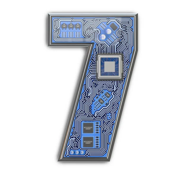 Nummer Zeven Alfabet Printplaat Stijl Digitale Tech Brief Geïsoleerd Wit — Stockfoto