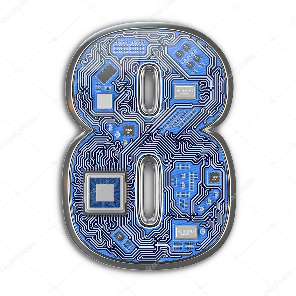 Number 8 eight, Alphabet in circuit board style. Digital hi-tech letter isolated on white. 3d illustration