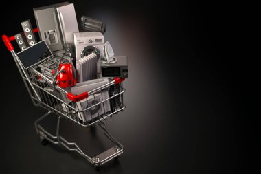 Ev aletleri siyah arka plan üzerine alışveriş arabası. E-ticaret veya online alışveriş kavramı. 3D çizim