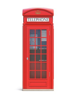 Kırmızı telefon kulübesi. Londra, İngiliz ve İngilizce sembolü. 3D çizim