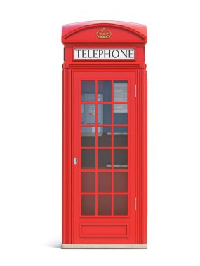 Kırmızı telefon kulübesi. Londra, İngiliz ve İngilizce sembolü. 3D çizim