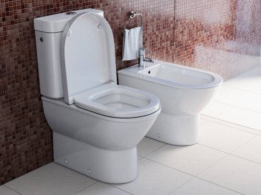Klozet ve modern banyo bidet. 3D çizim