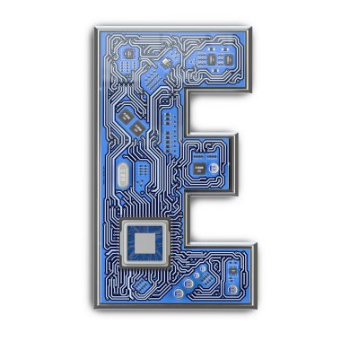 Mektup E. alfabe devre kartı tarzı. Dijital yüksek teknoloji mektup üzerinde beyaz izole. 3D çizim