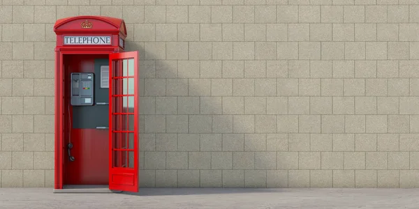 Cabine Telefone Vermelho Com Receptor Pendurado Fundo Parede Londres Símbolo — Fotografia de Stock