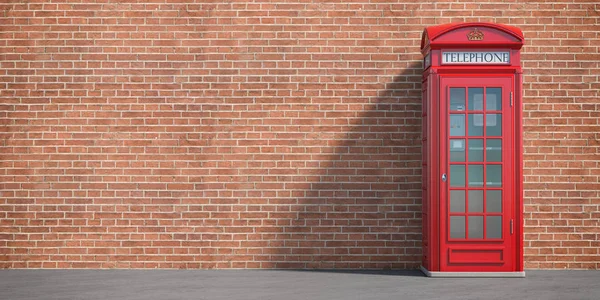 Red phone booth on brick wall background. London, british and english symbol. Space for text. 3d illustration