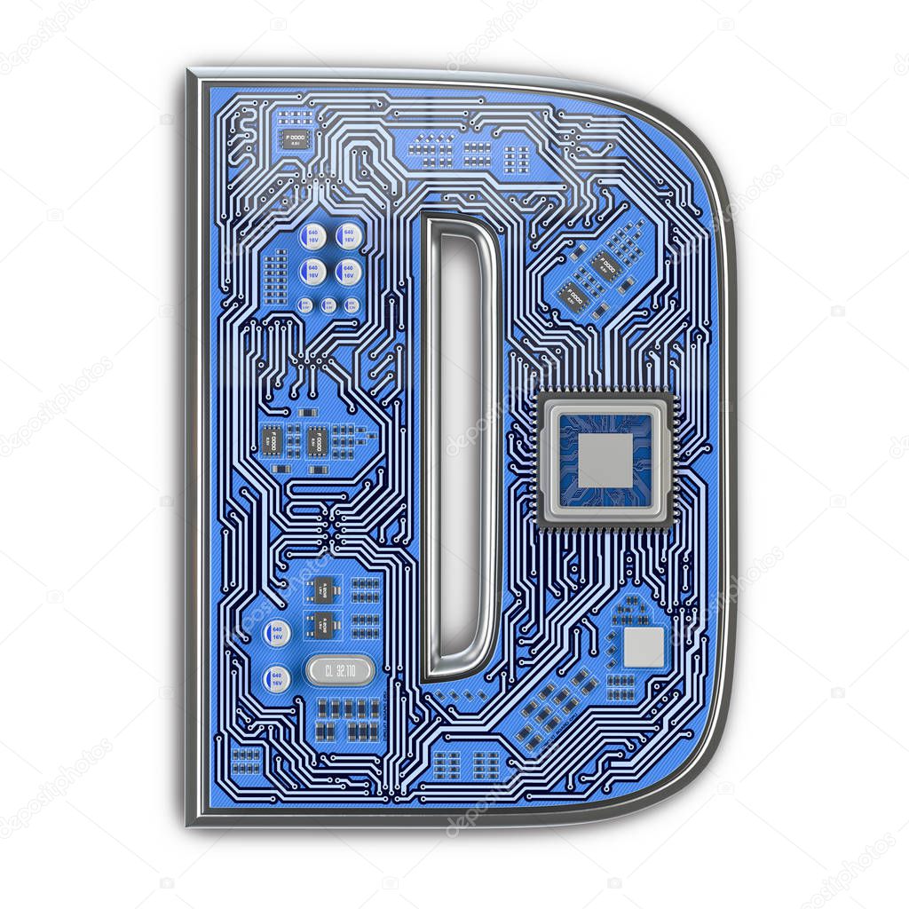 Letter D.  Alphabet in circuit board style. Digital hi-tech letter isolated on white. 3d illustration