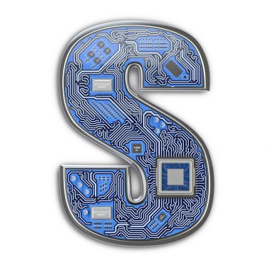 Mektup S. alfabe devre kartı tarzı. Dijital yüksek teknoloji mektup üzerinde beyaz izole. 3D çizim