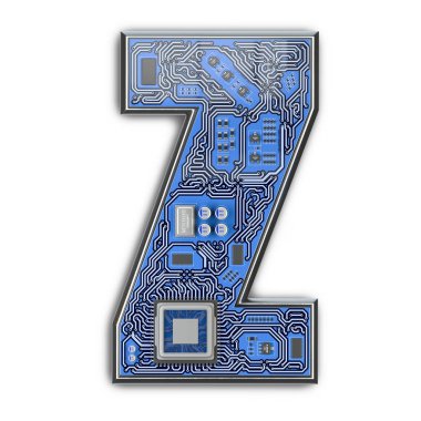 Mektup Z. alfabe devre kartı tarzı. Dijital yüksek teknoloji mektup üzerinde beyaz izole. 3D çizim