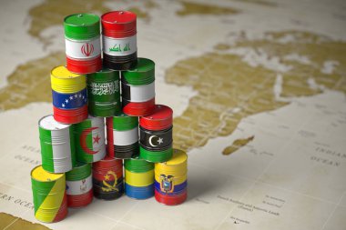 OPEC concept. Oil barrels in color of flags of countries memebers of OPEC on world political map background. 3d illustration clipart