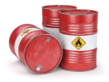 Beyaz arka plan üzerinde izole kırmızı metal petrol varil. Petrol, gaz ve petrol sanayi ve üretim. 3D çizim
