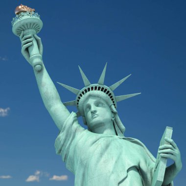 New York City, Amerika Birleşik Devletleri içinde özgürlük heykeli gökyüzü arka plan üzerinde. 3D çizim