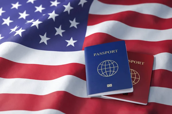 Passaportes Bandeira Dos Estados Unidos Obtendo Visto Para Eua Viagens — Fotografia de Stock