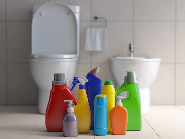 Garrafas Detergente Recipientes Material Limpeza Banheiro Banheiro Interior Background Conceito — Fotografia de Stock