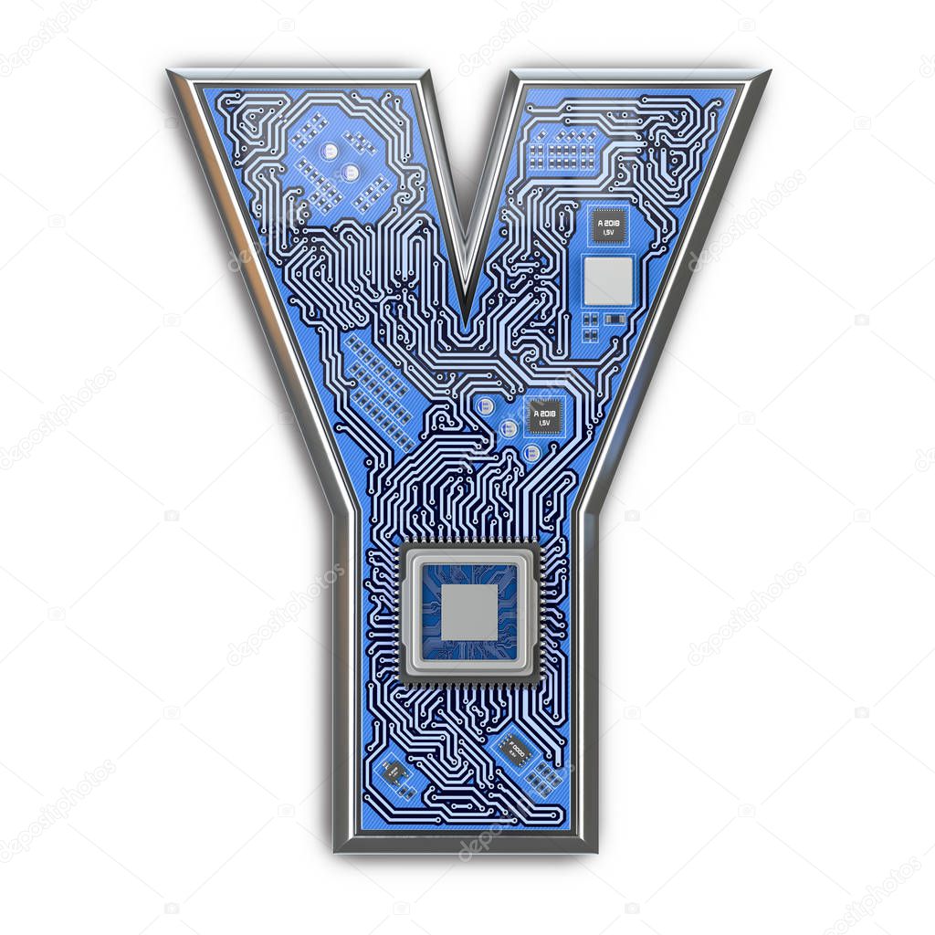 Letter Y.  Alphabet in circuit board style. Digital hi-tech letter isolated on white. 3d illustration