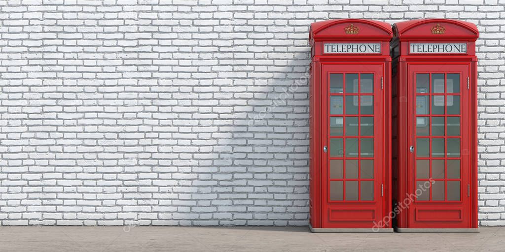 Red phone booth on brick wall background. London, british and english symbol. 3d illustration