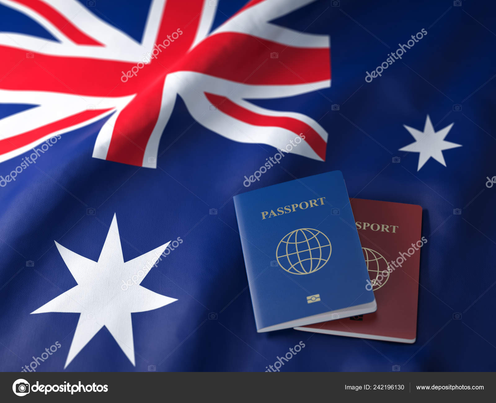 Travel Tousism Immigration Australia Concept Different Passports Australian Flag Stock Photo by 242196130