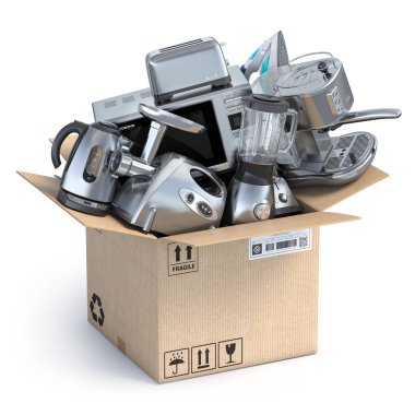 Ev mutfak aletleri açık karton kutu içinde. Teslim, e-ticaret ve online alışveriş kavramı. Mikrodalga fırın, blander, işlemci, ekmek kızartma makinesi, Çaydanlık. 3D çizim