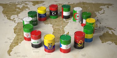 OPEC kavramı. Dünya Siyasi Tarih Opec ülkeleri memebers bayrakları petrol varil renkli arka plan harita. 3D çizim