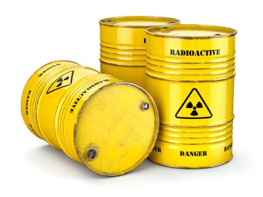 Varil ile radyoaktif atık izole üzerinde beyaz, nükleer enerji üretimine ve radioctive malzeme kullanımı. 3D çizim