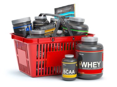 Beslenme (ek) için alışveriş sepeti isolaed beyaz vücut geliştirme sporları. Peynir altı suyu proteinand bcaa. 3D çizim