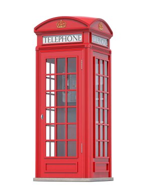 Kırmızı telefon kulübesi. Londra, İngiliz ve İngilizce sembolü. 3D çizim