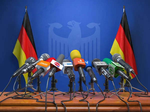 Pressekonferenz Oder Briefing Des Ministerpräsidenten Von Deutschland Konzept Rednerpult Mit — Stockfoto