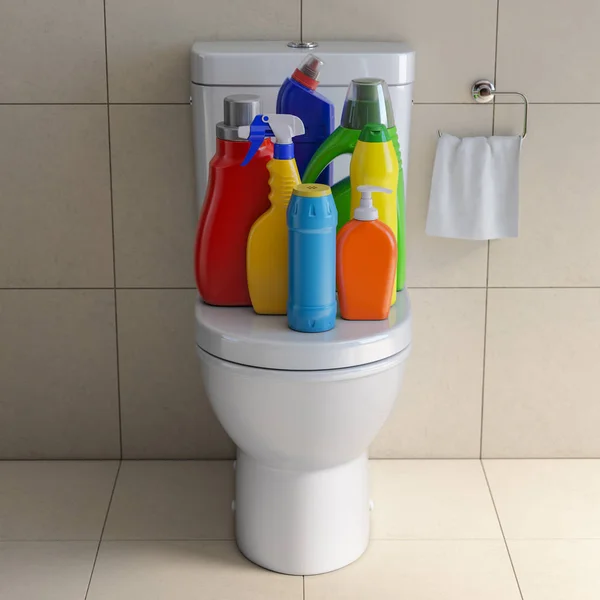 Detergent Bottles Containers Cleaning Supplies Bathroom Toilet Interior Backgrount Home — Stock Photo, Image